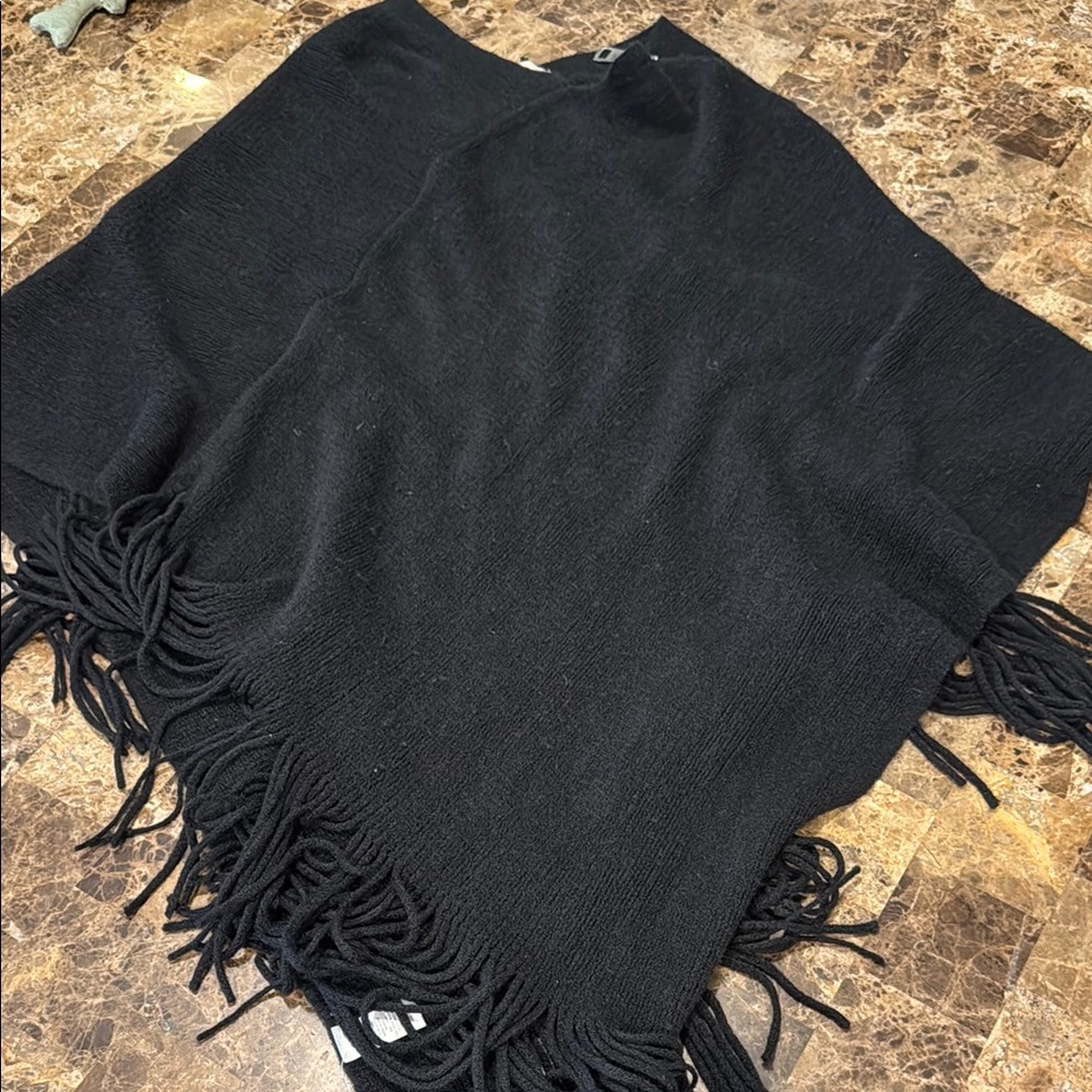 Loft Chic Black Fringe Shawl with stylish large zipper on the side. One size